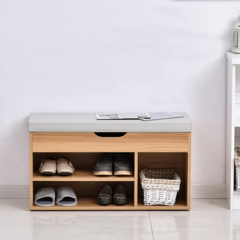 HOMCOM Shoe Rack Bench, Storage Organizer with Padded Cushion, Shelves, Hidden Compartments for Shoes, Boots, High Heel, Brown