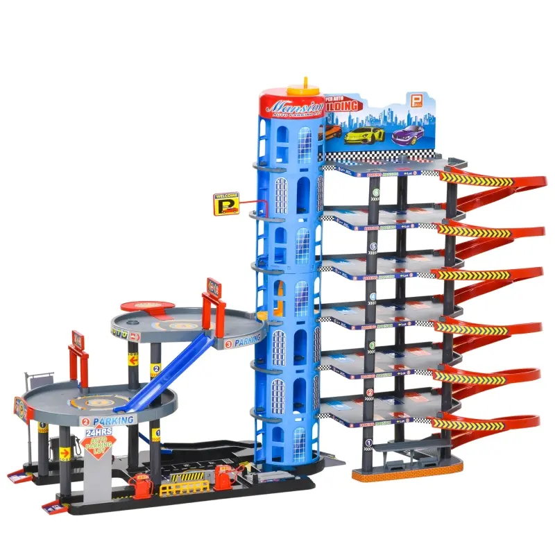 Qaba 7-Level Car Parking Garage Toy Race Tracks Car Ramp Set Toddler Car Games 96PCS w/ Cars & Helicopter Elevator Gas Station Car Repair Station for 3-6 Years Old