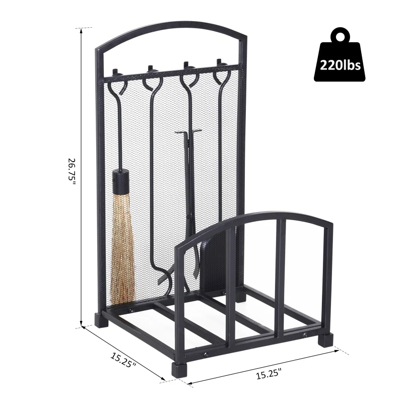 HOMCOM 4-Piece Iron Firewood Rack Wood Rack Tools Set: Brush  Shovel  Tong  Hook Black