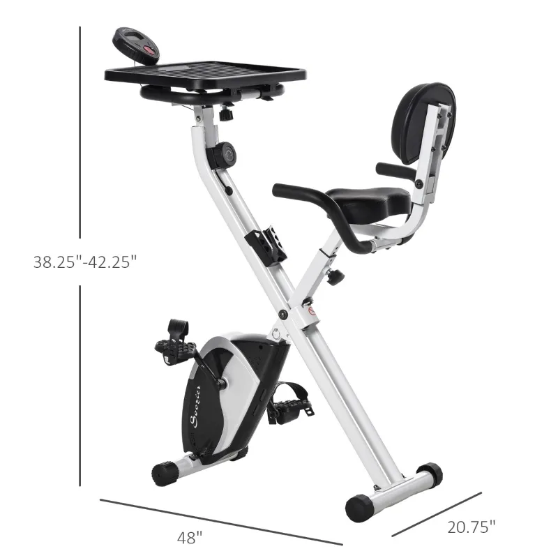 Soozier Stationary Exercise Bike with Adjustable Desktop, Seat Height and Resistance, 3lb Flywheel and Foldable Space-Saving Design, White