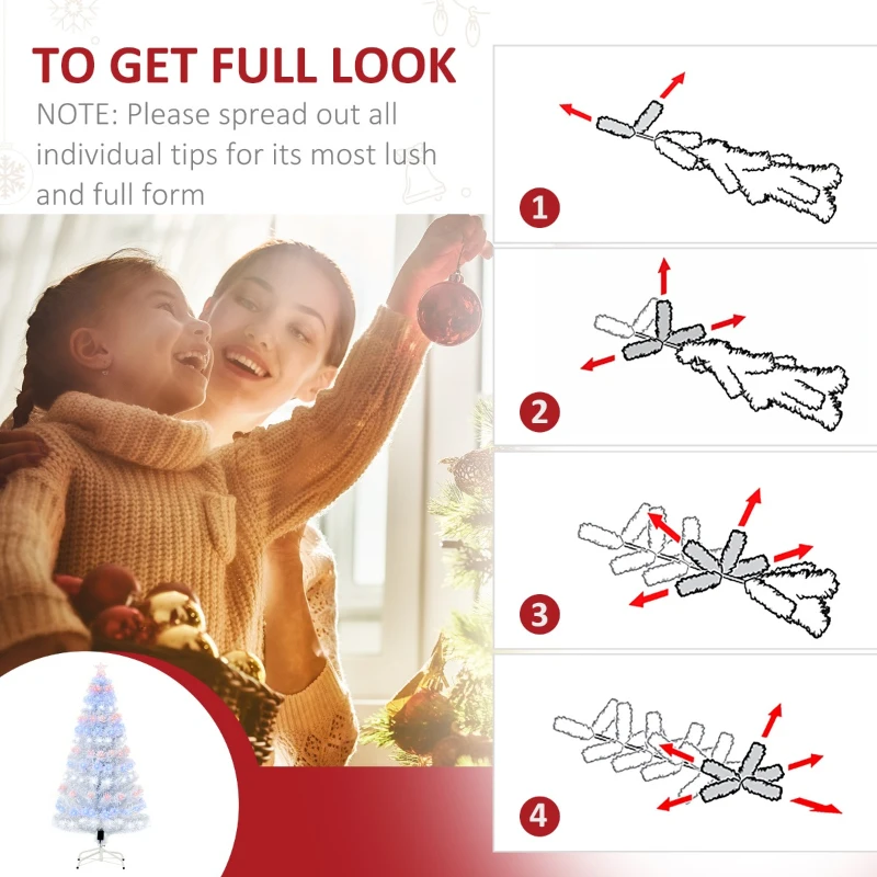 HOMCOM 5ft Prelit Artificial Christmas Tree with LED Lights, Multicolored Fiber Optics and Realistic Branch Tips, White