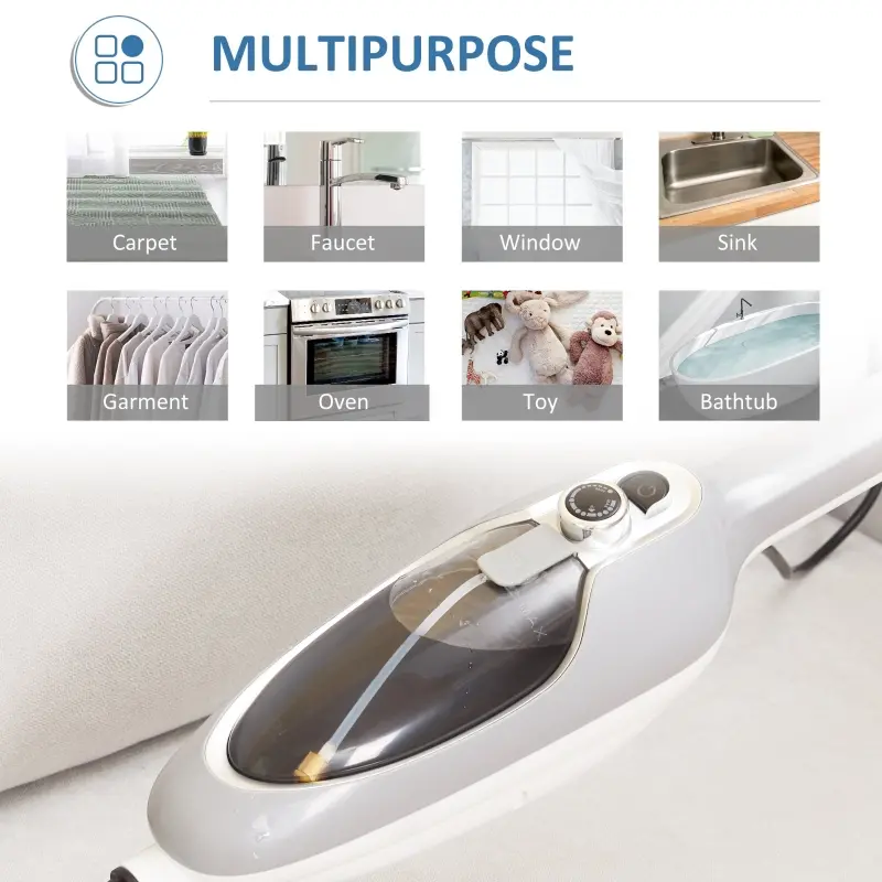 HOMCOM Steam Mop Cleaner for Laminate, Hardwood, Tiles and Carpet, 10–In-1 Multi-Purpose Floor Steamer for Kitchen, White/Grey