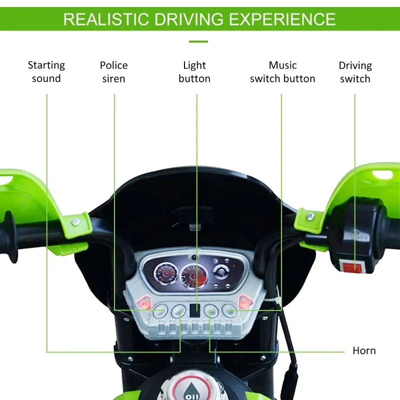 Aosom Ride-On Childrens Motorcycle w/ Real Driving Sounds & Fun Built-In Music Green