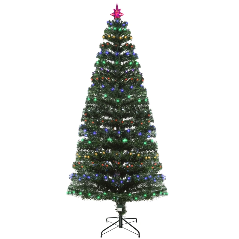 HOMCOM 7FT Pre-Lit Fiber Optic Arfiticial Christmas Tree with Star Tree Topper, Solid Metal Base, 280 Branch Tips, 6 Color LED Lights for Home and Holiday Decoration