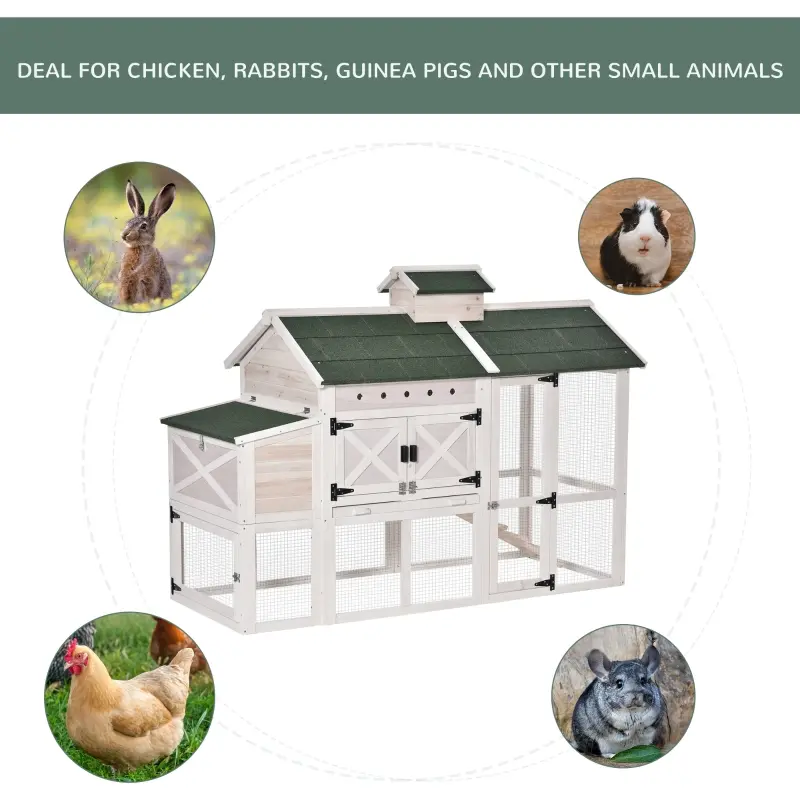 PawHut Wooden Chicken Coop Hen House with Removable Tray and Nest Box, 71" Rabbit Hutch and Poultry Cage with Ventilated Holes , White