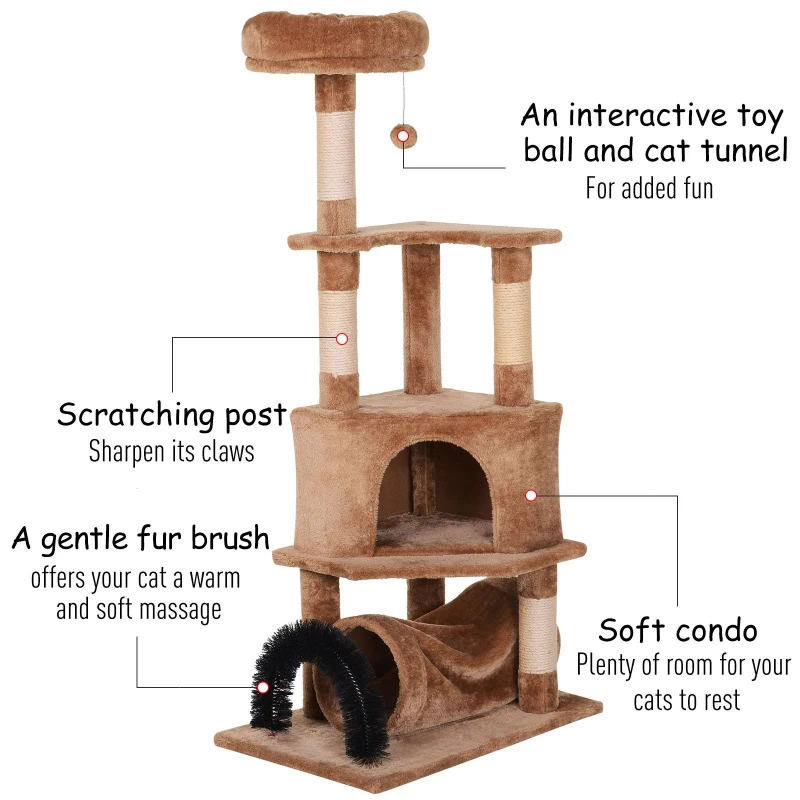 PawHut Cat Tree Tower with Natural Seaweed Scratch Posts Plush Perch  Ladder  Teasing Toy Ball and Fur Brush