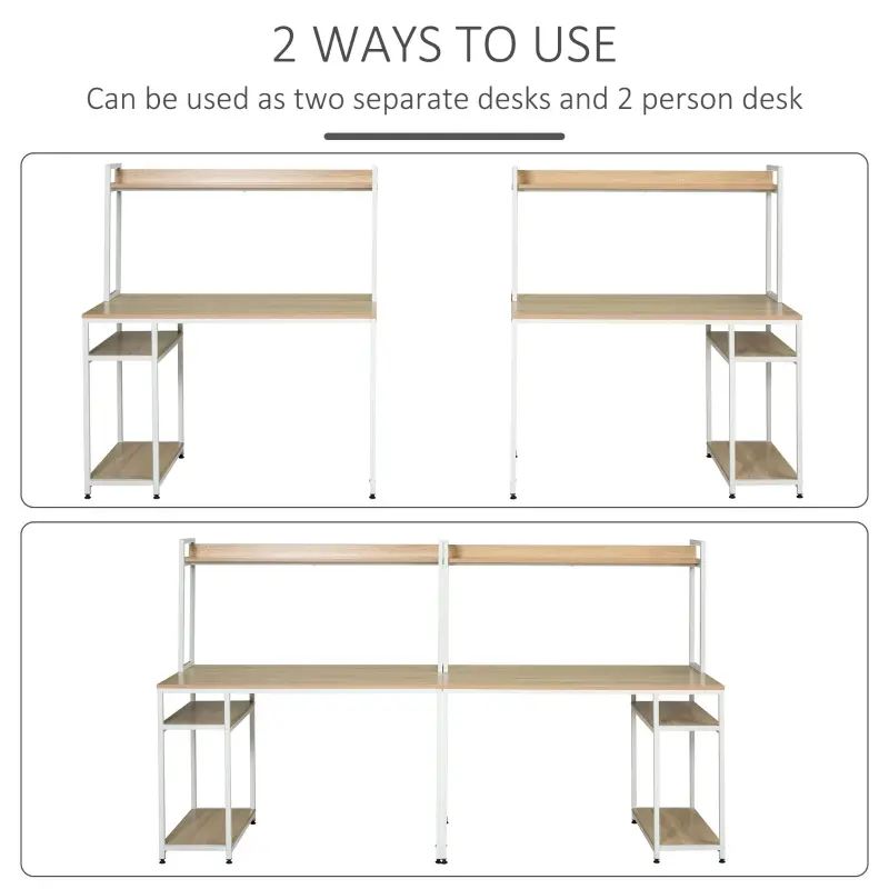HOMCOM 94.5in Industrial Double Computer Desk with Hutch and Storage Shelves, Extra Long Two Person Home Office Desk, Writing Table Workstation for 2 People with CPU Stand, Oak Wood Grain