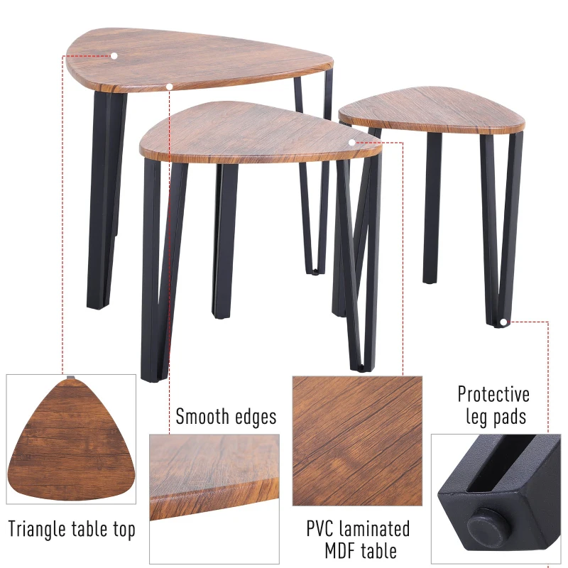 HOMCOM Industrial 3 PCs Stacking Nesting Table Coffee Table Set Walnut Color