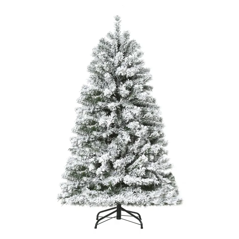 HOMCOM 4.5ft Tall Pre-Lit Snow-Flocked Artificial Christmas Tree with Realistic Branches, 200 Warm White LED Lights and 400 Tips