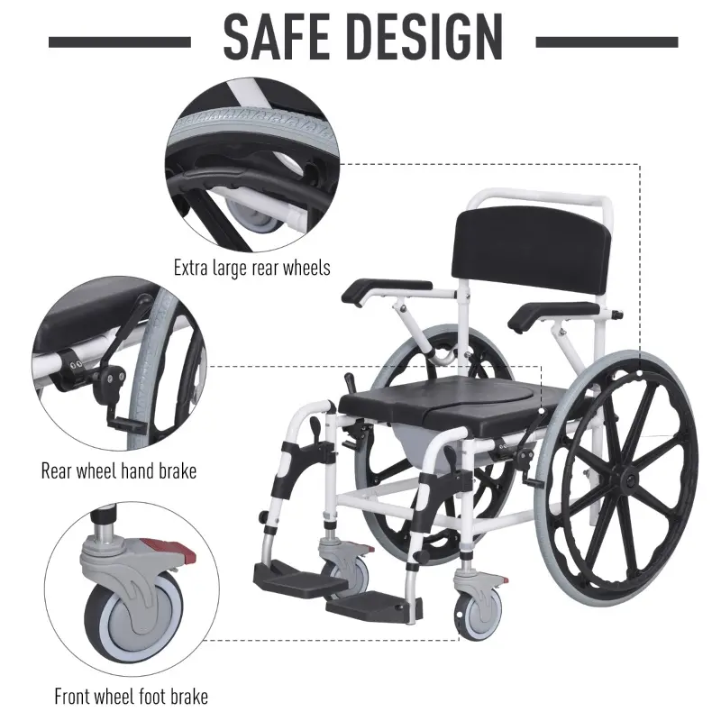 HOMCOM Rolling Shower Wheelchair Bath Toilet Commode Bariatric with Wheels, Detachable Bucket & Shower-Proof Design, 17" Seat Width, Black