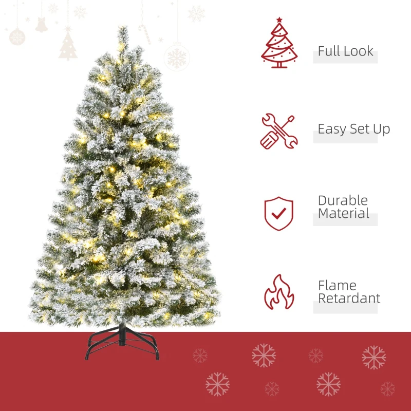 HOMCOM 4.5ft Tall Pre-Lit Snow-Flocked Artificial Christmas Tree with Realistic Branches, 200 Warm White LED Lights and 400 Tips