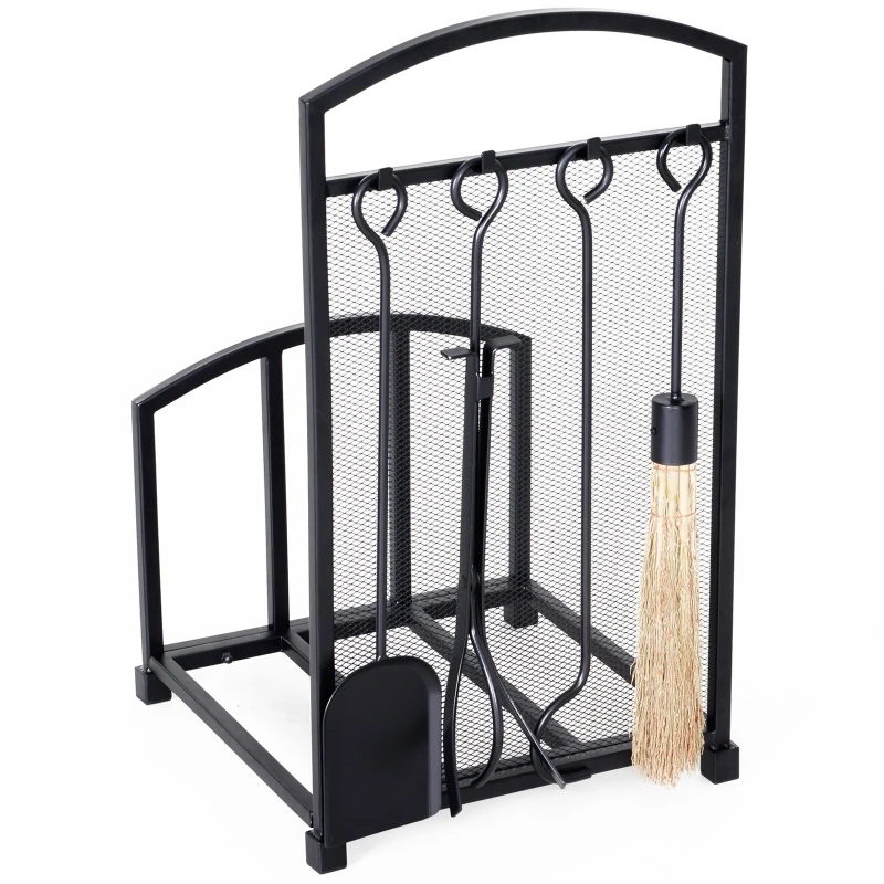 HOMCOM 4-Piece Iron Firewood Rack Wood Rack Tools Set: Brush  Shovel  Tong  Hook Black