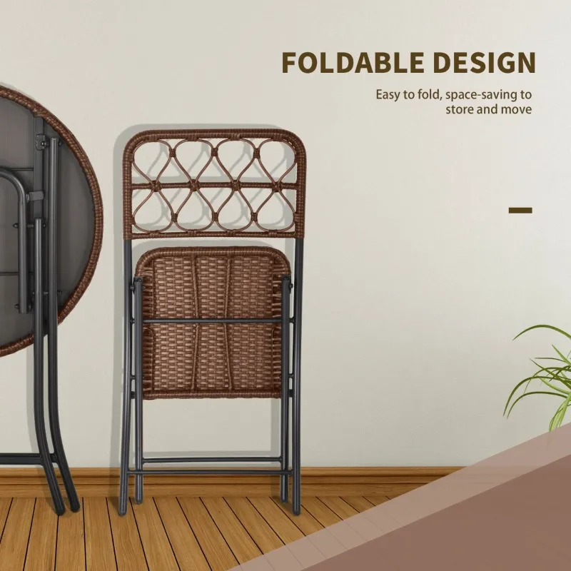 Outsunny 3PC Rattan Wicker Bistro Set w/ Folding Design, Hand Woven Rattan Table and Chairs for Outdoor, Brown