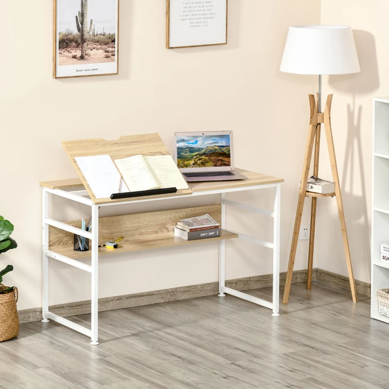 HOMCOM Drafting Table, Adjustable Drawing Desk, Multifunctional Writing Desk with 15-Level Tiltable Tabletop and Storage Shelf for Home Office, Natural