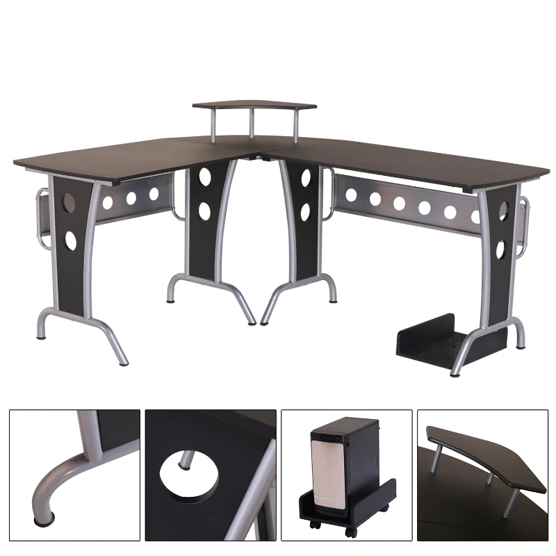 HOMCOM 65" L-Shape Desk Corner Computer Table Space Saving Home Office Wood with CPU Stand Black