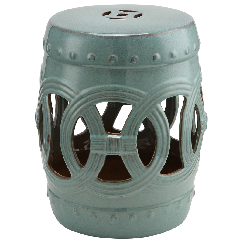 Outsunny 14" Multi-Use Ceramic Garden Stool / Round Side Table / Foot Rest with Knotted Ring Design Antique - Blue Green