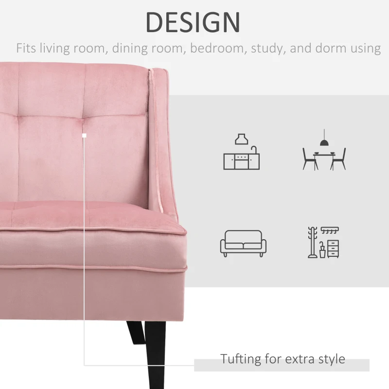 HOMCOM Upholstered Accent Chair Modern Winged Tufted Contemporary Single Sofa Chair with Rubber Wood Legs, Thick Padding Mid-Back, and Wings for Living Room Bedroom, Pink