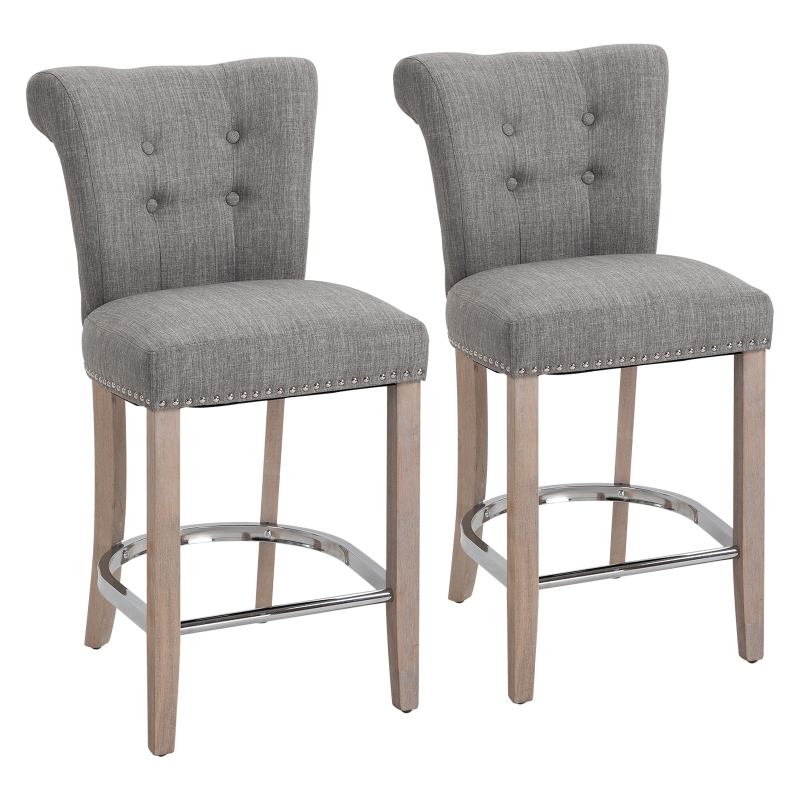 HOMCOM 26"Counter Height Bar Stools Set of 2, Linen Upholstered Tufted Dining Chairs with Steel Footrest, and Solid Wood Legs, Grey
