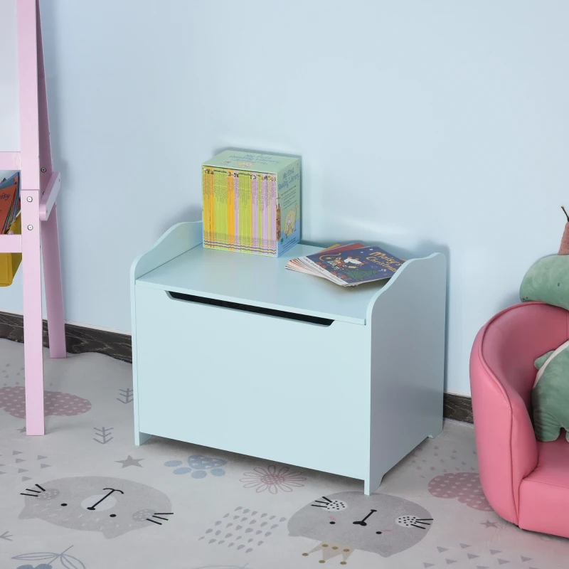 Qaba Kids Toy Chest Wooden Toy Storage Organizer Chest Box with Magnetic Hinge, Large Storage Space, & Groove Handle, Blue