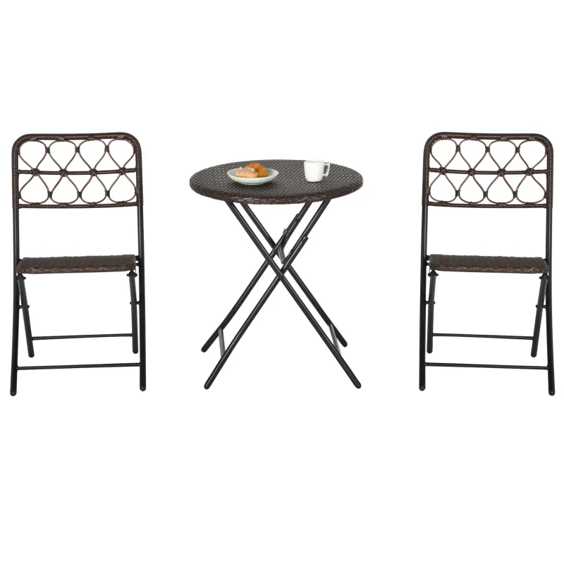 Outsunny 3PC Rattan Wicker Bistro Set w/ Folding Design, Hand Woven Rattan Table and Chairs for Outdoor, Brown