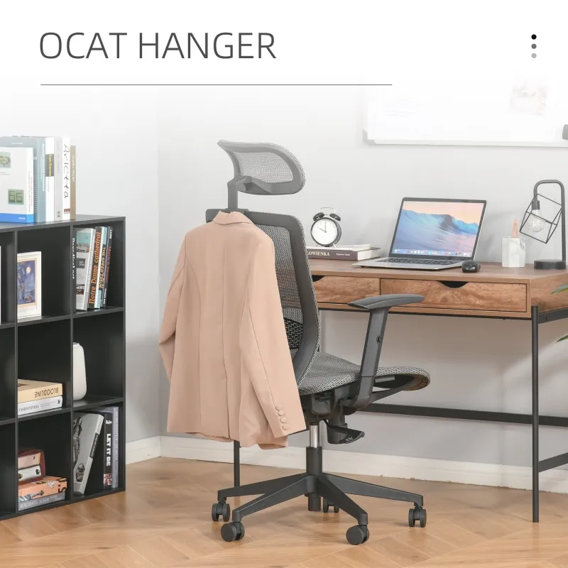 Vinsetto High-Back Mesh Home Office Chair with Coat Hanger, Computer Task Chair with Adjustable Height, Arms, Headrest and Lumbar Support, 360° Wheels and Seat, Reclining Function, Grey