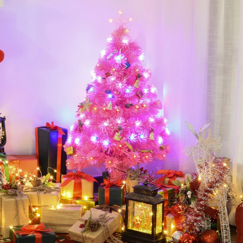 HOMCOM 3ft Tall Pre-Lit Douglas Fir Artificial Christmas Tree with Realistic Branches, 90 Multi-Color LED Lights, Fiber Optics, and 90 Tips, Pink