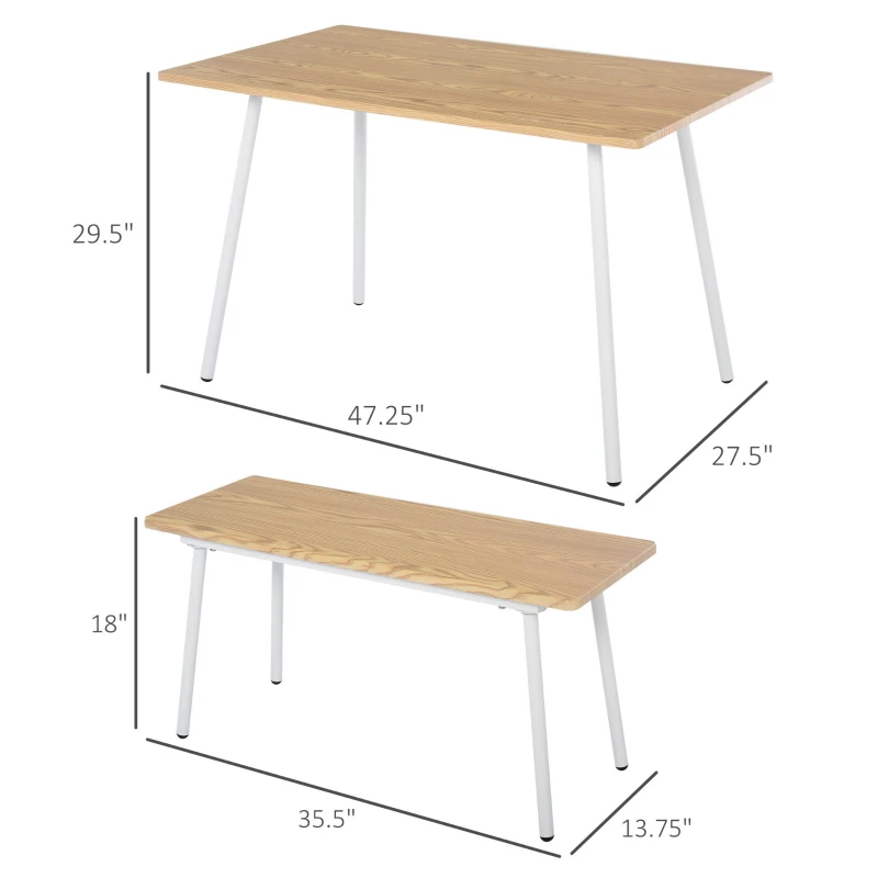 HOMCOM 3 PCs Table Dining Set With 2 Matching Benches P2 Grade MDF Steel Legs Dining Room - Natural