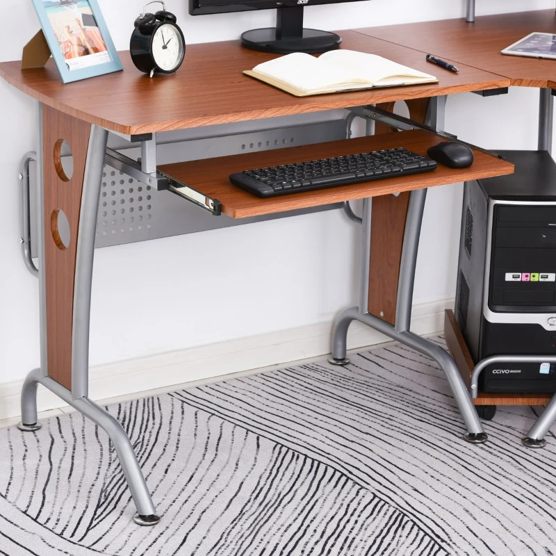 HOMCOM L-Shaped Corner Computer Office Desk Workstation with Elevated Shelf, Rolling Keyboard Tray, & Convenient CPU Stand, Brown