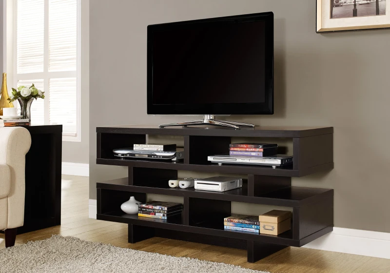Monarch 48" Contemporary Wood Grain-Look Open Concept Shelf Storage TV Stand Console - Cappuccino Brown Finish