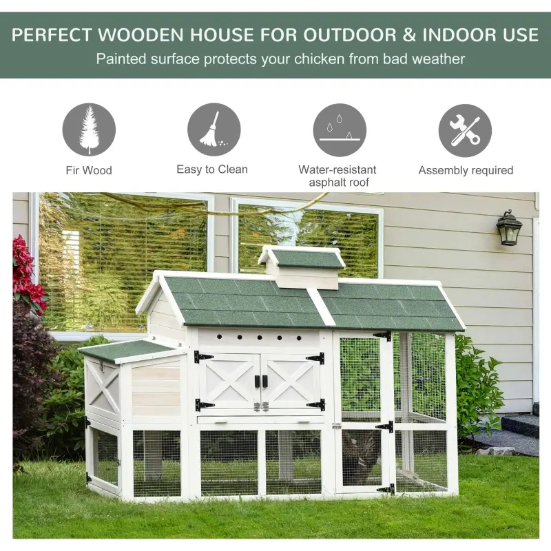 PawHut Wooden Chicken Coop Hen House with Removable Tray and Nest Box, 71" Rabbit Hutch and Poultry Cage with Ventilated Holes , White