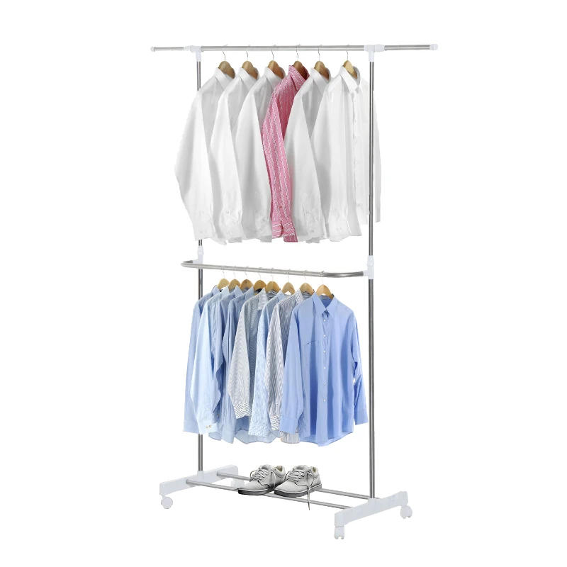 HomCom Rolling Extendable Clothes Rack Adjustable Double Rods Garment Hanger with Shoe Rack and Brake Wheels