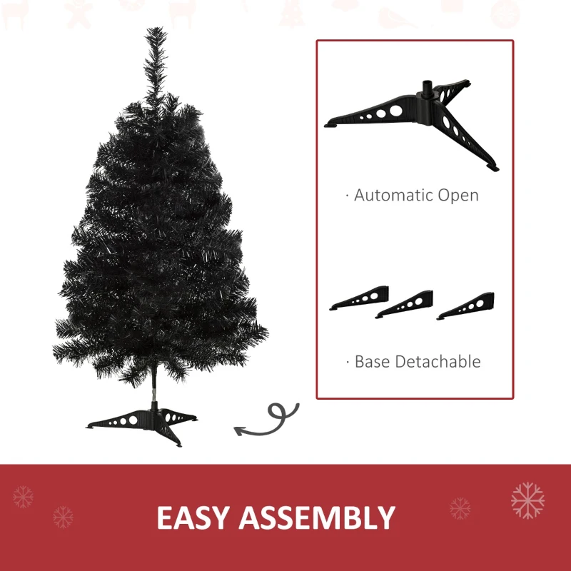 HOMCOM 3ft Artificial Christmas Tree Unlit Douglas Fir with Realistic Branches and 90 Tips, Black Halloween Style Holiday Decoration
