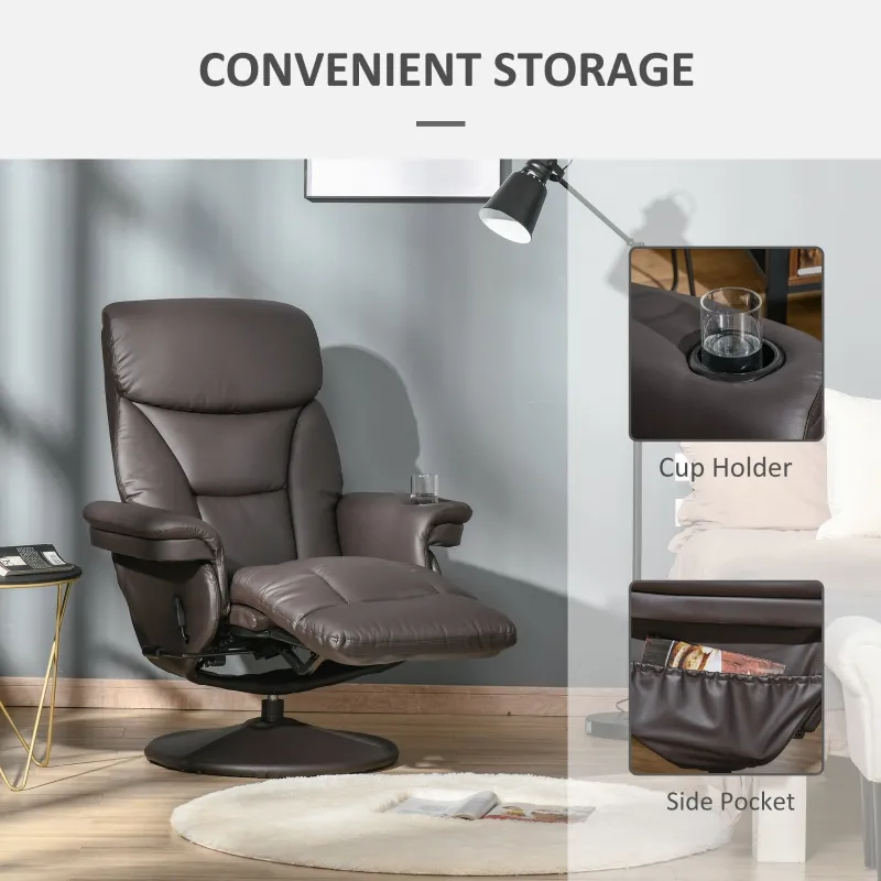 HOMCOM Manual Recliner, Swivel Lounge Armchair with Side Pocket, Footrest and Cup Holder for Living Room, Brown