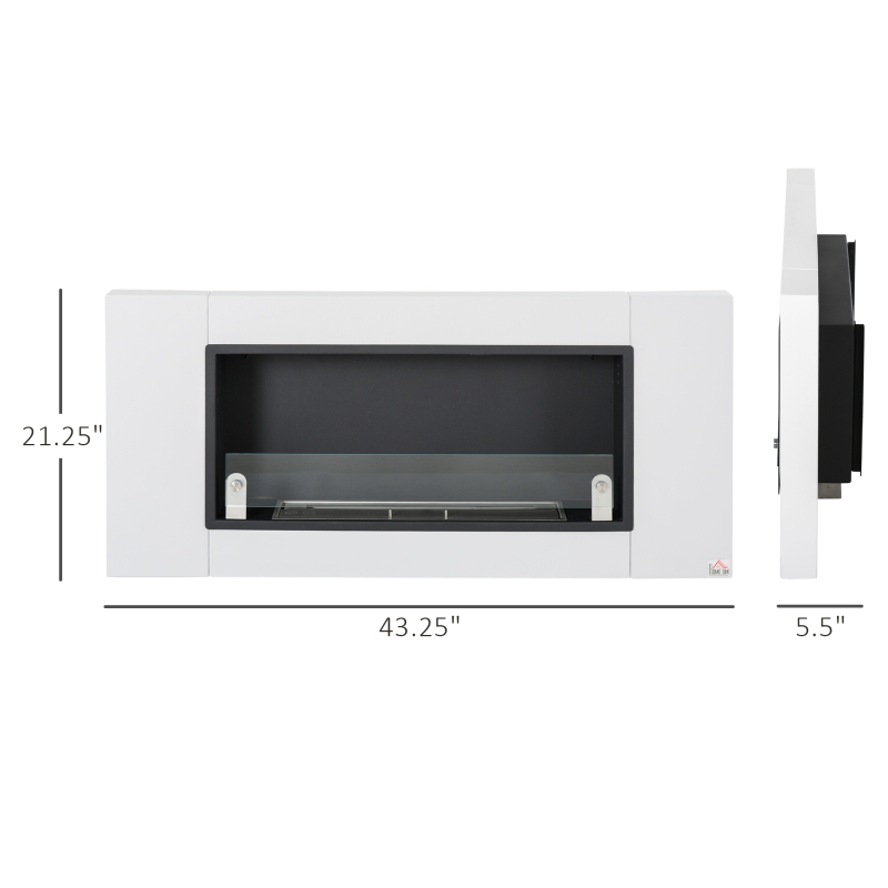HOMCOM Ethanol Fireplace, 43.25" Wall-Mounted 0.73 Gal Stainless Steel Max 323 Sq. Ft., Burns up to 4 Hours, White