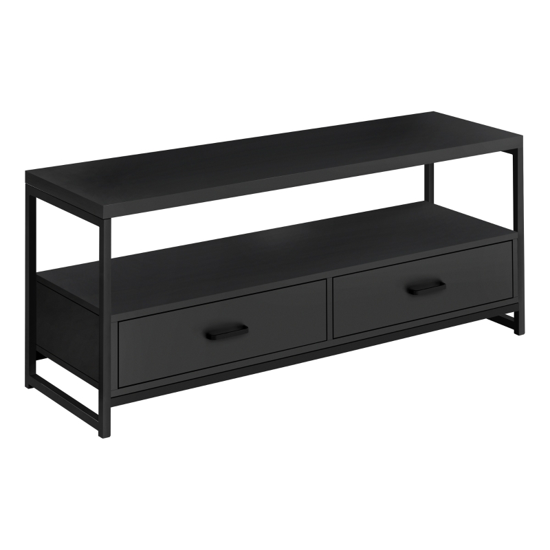 Monarch 48" 2-Tier Open Concept TV Stand with Metal Frame, Storage Drawers and Shelves - Black / Black Metal