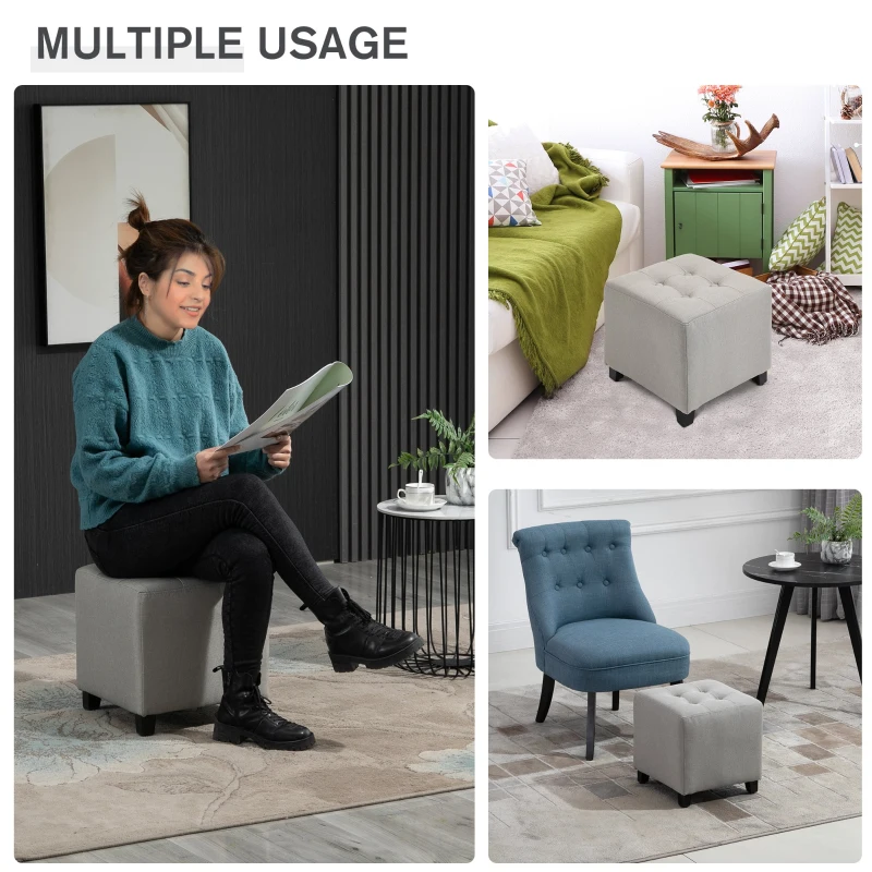 HOMCOM Tufted Ottoman Linen-Touch Fabric Upholstered Footrest Stool with Anti-Slip Pads, Light Grey