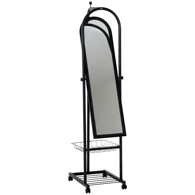 HOMCOM 65" Steel Rolling Floor Mirror Free Standing Tilt Dressing Mirror with Storage Home Furniture Black