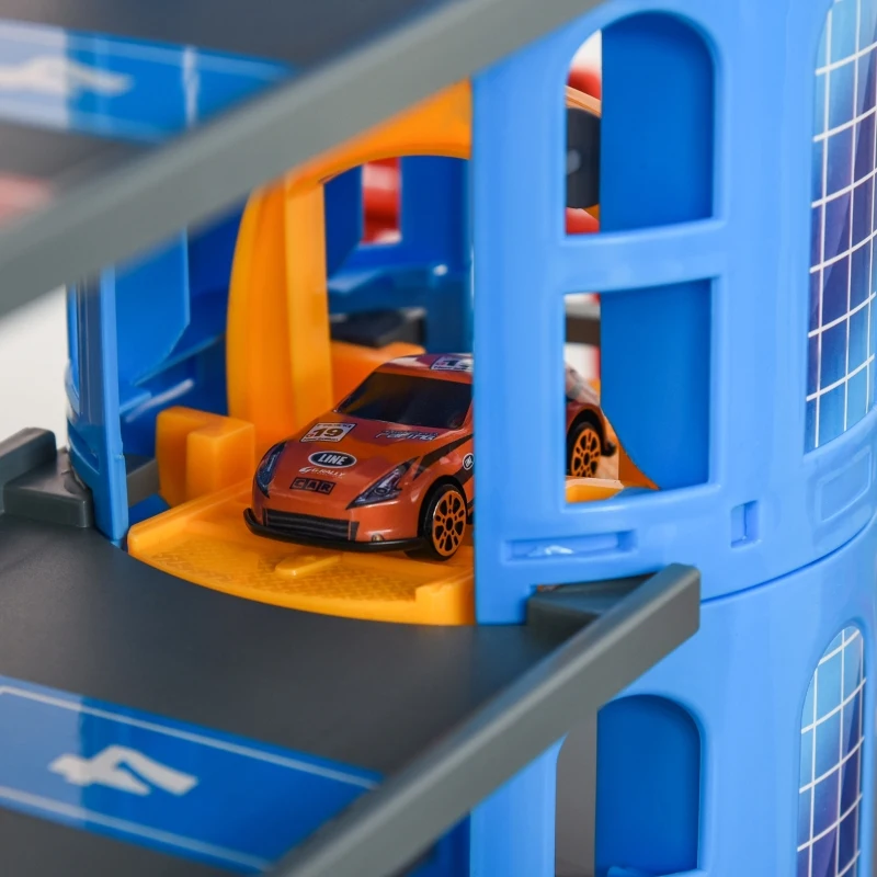Qaba 7-Level Car Parking Garage Toy Race Tracks Car Ramp Set Toddler Car Games 96PCS w/ Cars & Helicopter Elevator Gas Station Car Repair Station for 3-6 Years Old