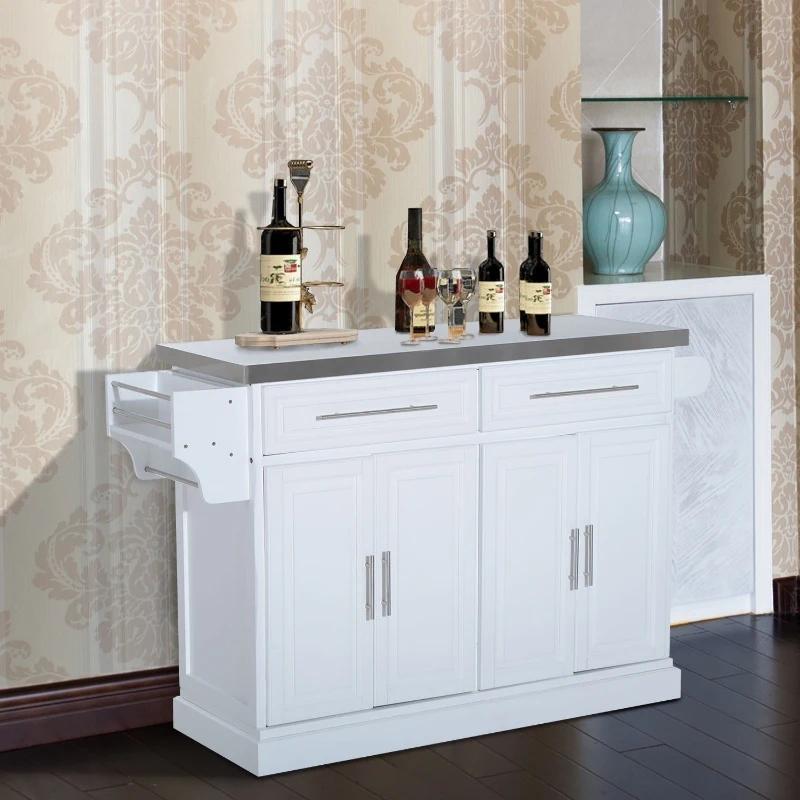 HOMCOM Rolling Kitchen Island with Storage, Portable Kitchen Cart with Stainless Steel Top, 2 Drawers, Spice, Knife and Towel Rack and Cabinets, White