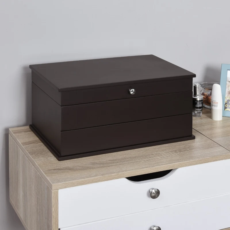 HOMCOM 3-Tier Jewelry Box Organizer with Glass Mirror and 6 Slots for Beauty Accessories, Costume Jewelry - Walnut