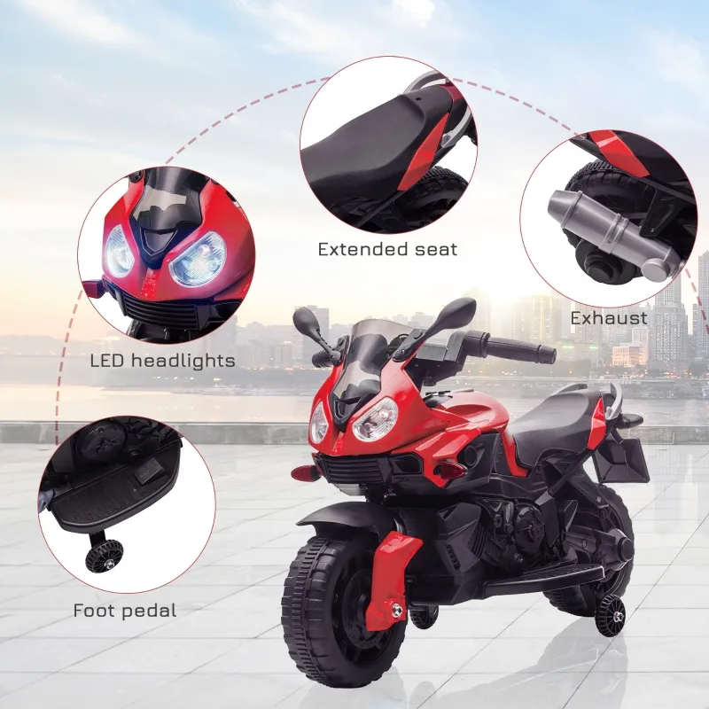 Aosom 6V Kids Motorcycle Dirt Bike Electric Battery-Powered Ride-On Toy Off-road Street Bike for Children with Rechargeable Battery, Pedal, Horn, Headlights, and Training Wheels for Balance Red