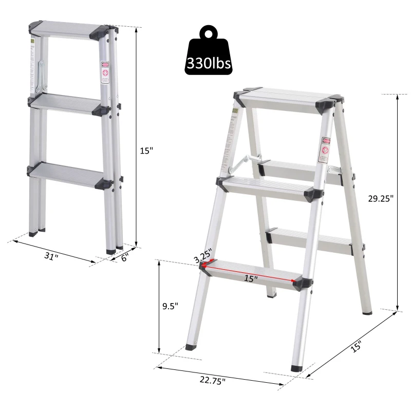 HOMCOM 3-Step Folding Aluminum Step Stool Ladder  Lightweight  330 lbs. Capacity  29" H  Silver