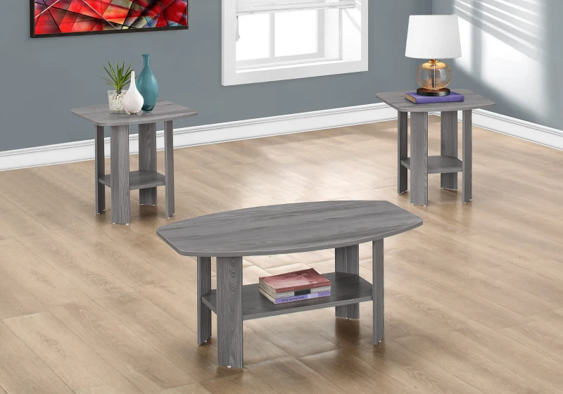 Monarch 3 Piece Contemporary Shelved Wood-Look Coffee Table / Two Matching End Tables Set - Grey
