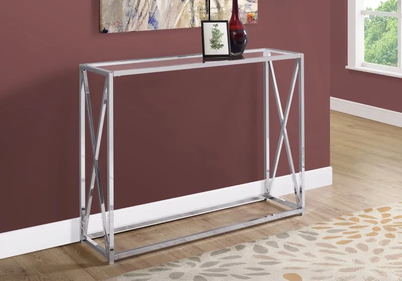 Monarch 42" Contemporary Tempered Glass Accent Hall Sofa Console Table with X-Design Metal Base - Chrome