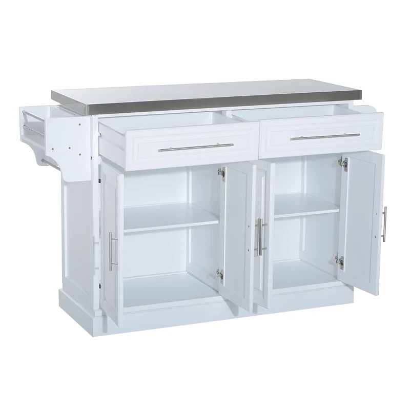 HOMCOM Rolling Kitchen Island with Storage, Portable Kitchen Cart with Stainless Steel Top, 2 Drawers, Spice, Knife and Towel Rack and Cabinets, White