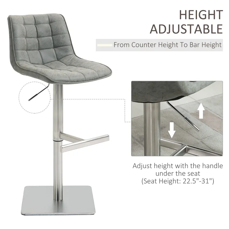 HOMCOM Vintage PU Leather Bar Stool with Stainless Steel Base, Adjustable Counter Height Bar Chair Swivel Barstool with Back, Footrest, Grey