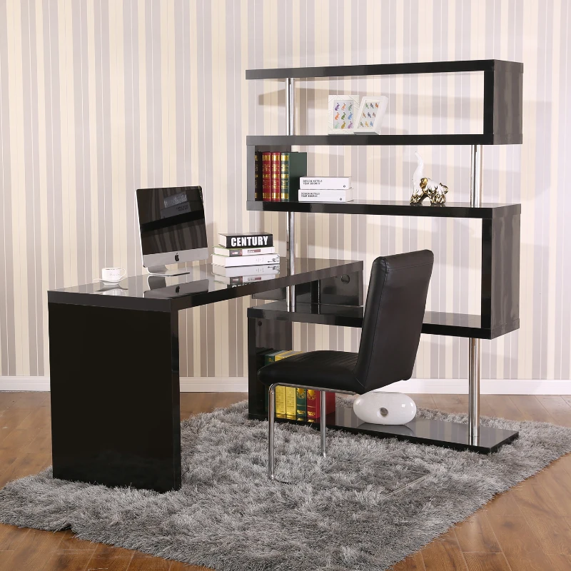 HOMCOM Rotating Corner Desk with 4 Tire Hollow Shelves Workstation Hallow Core Hobby Desk Table with Storage Display Rack Home Office Black