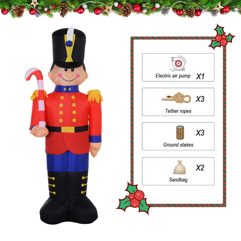 HOMCOM 6ft Christmas Inflatable Nutcracker Toy Soldier with Candy Cane, Outdoor Blow-Up Yard Decoration with LED Lights Display