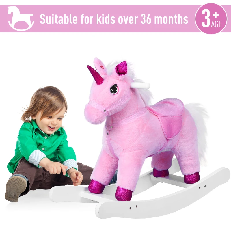 Qaba Unicorn Rocking Horse Toy with Sound for Kids  Wooden Plush Ride-On Rocker Battery Operated - Pink