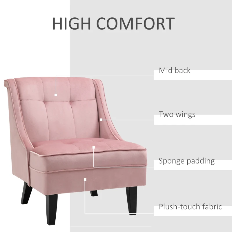 HOMCOM Upholstered Accent Chair Modern Winged Tufted Contemporary Single Sofa Chair with Rubber Wood Legs, Thick Padding Mid-Back, and Wings for Living Room Bedroom, Pink